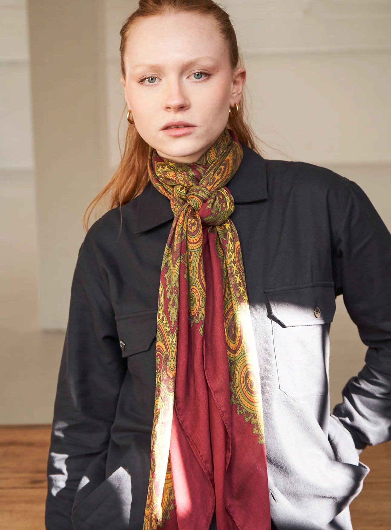 Italian Tencel Burgundy and Gold Paisley Flamboyant Scarf - Image 5