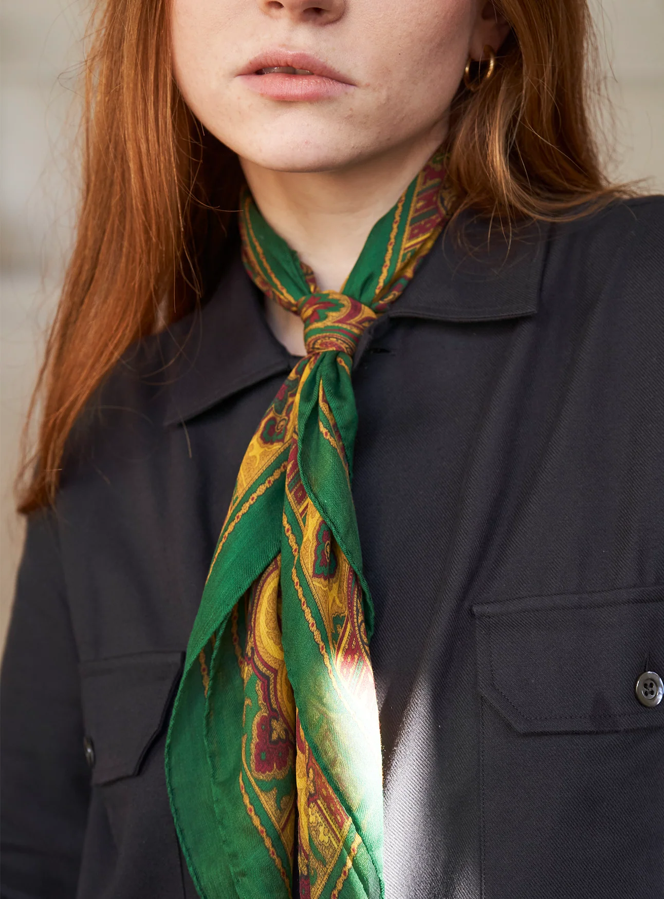 Italian Tencel Green Motif and Mustard Print Neck Scarf - Image 5