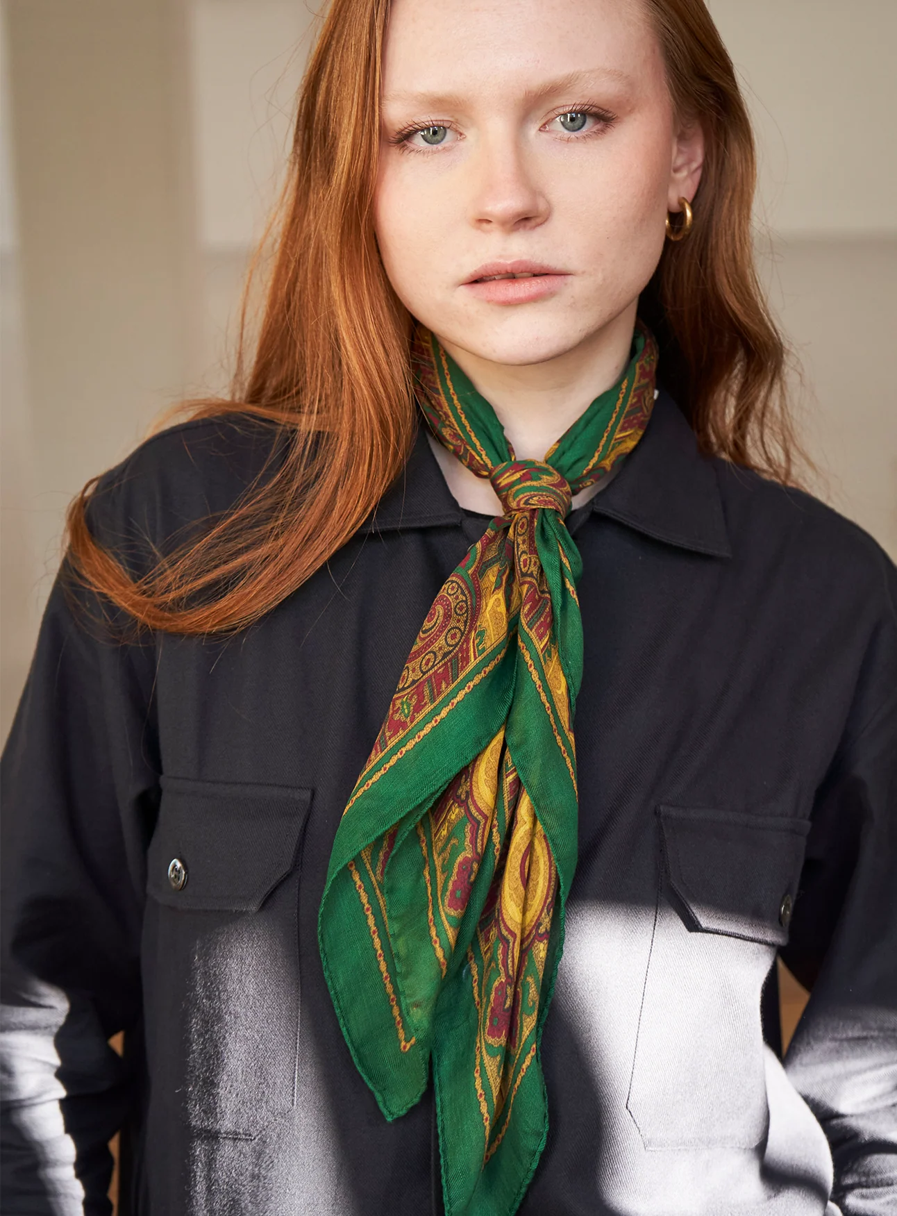 Italian Tencel Green Motif and Mustard Print Neck Scarf - Image 6
