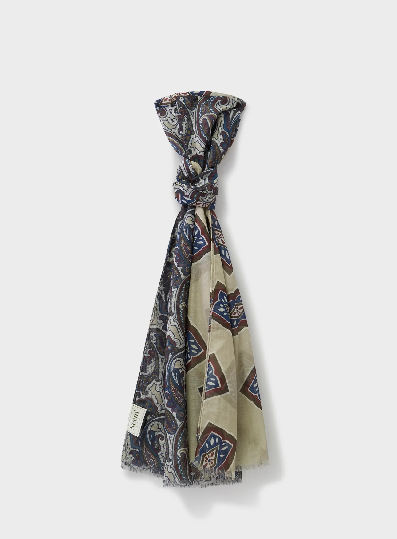 Cotton & Cashmere Wool Medallion Cream Neck Scarf - Image 3