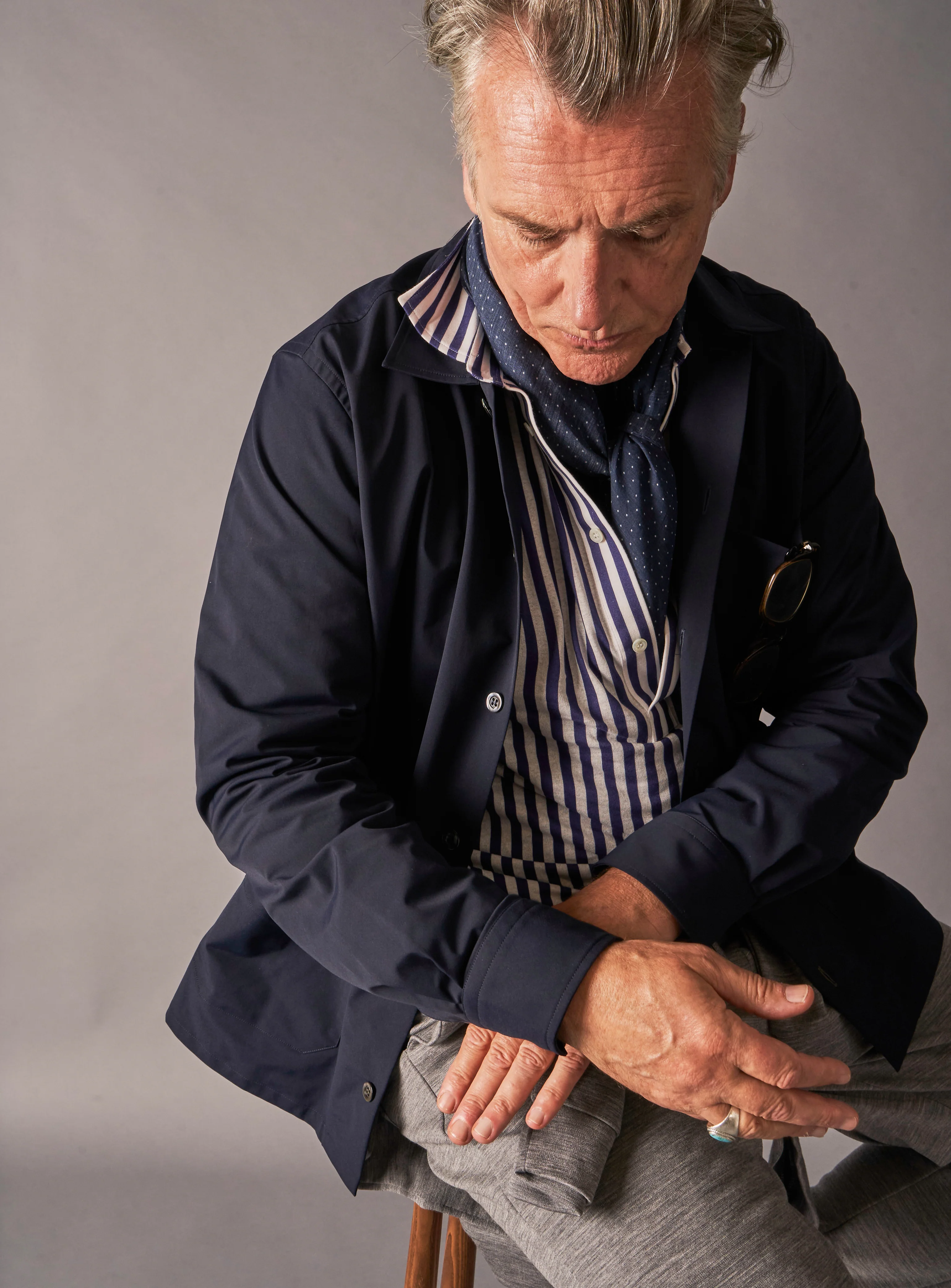 Navy City Stripe Cut Away Collar Popover Shirt - Image 6