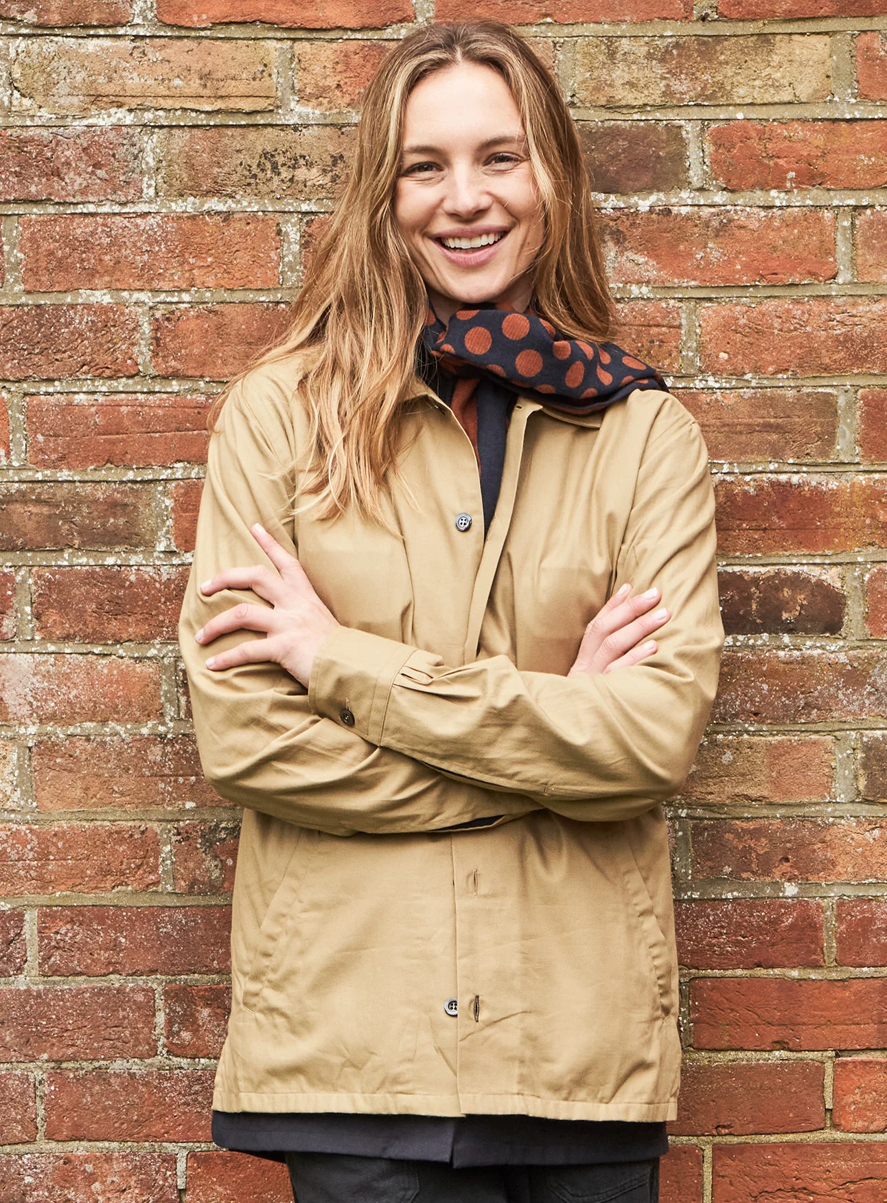 Recycled Double Faced Wool Orange Navy Spot Classic Scarf - Image 3