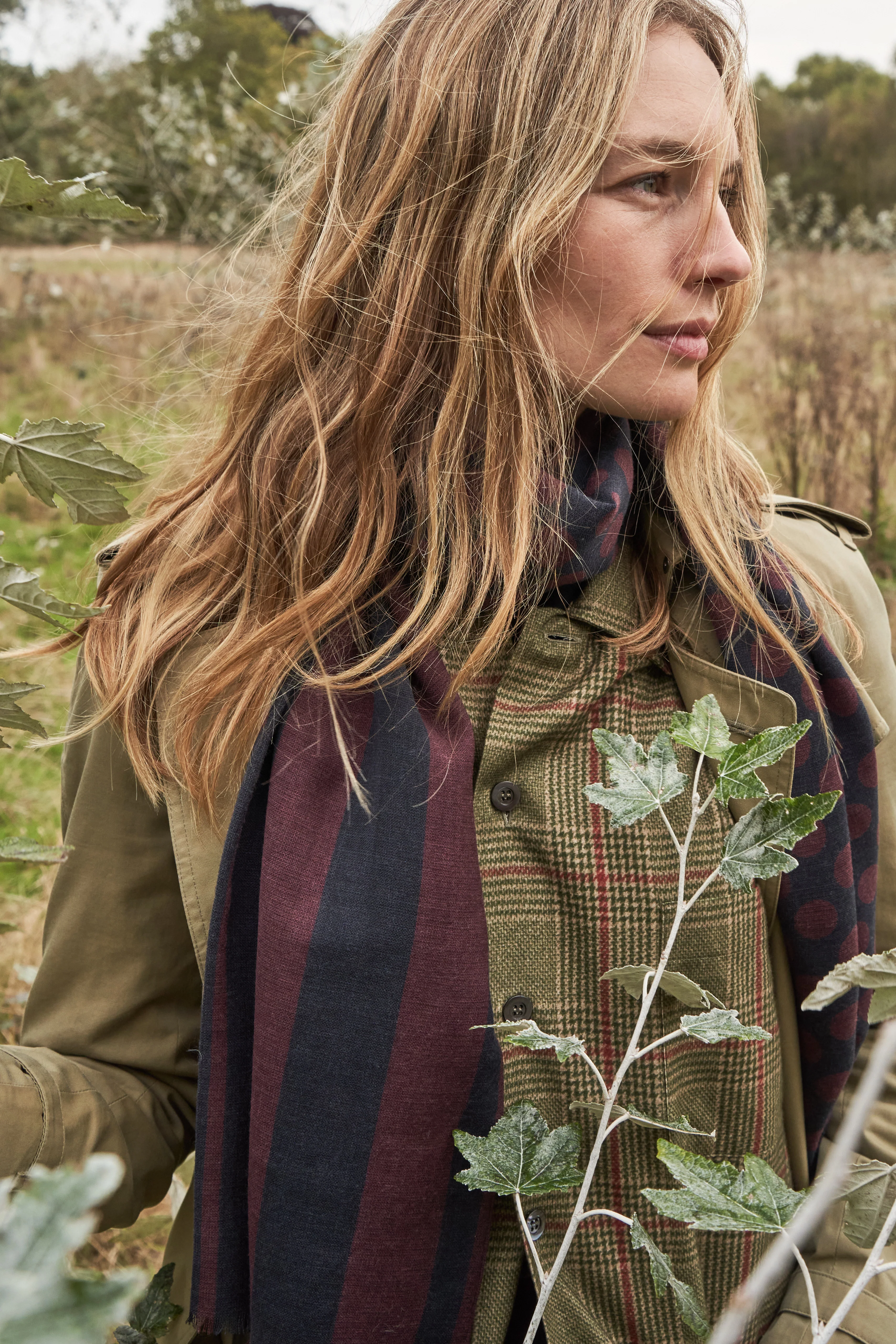 Recycled Double Faced Wool Burgundy Navy Spot Classic Scarf - Image 3