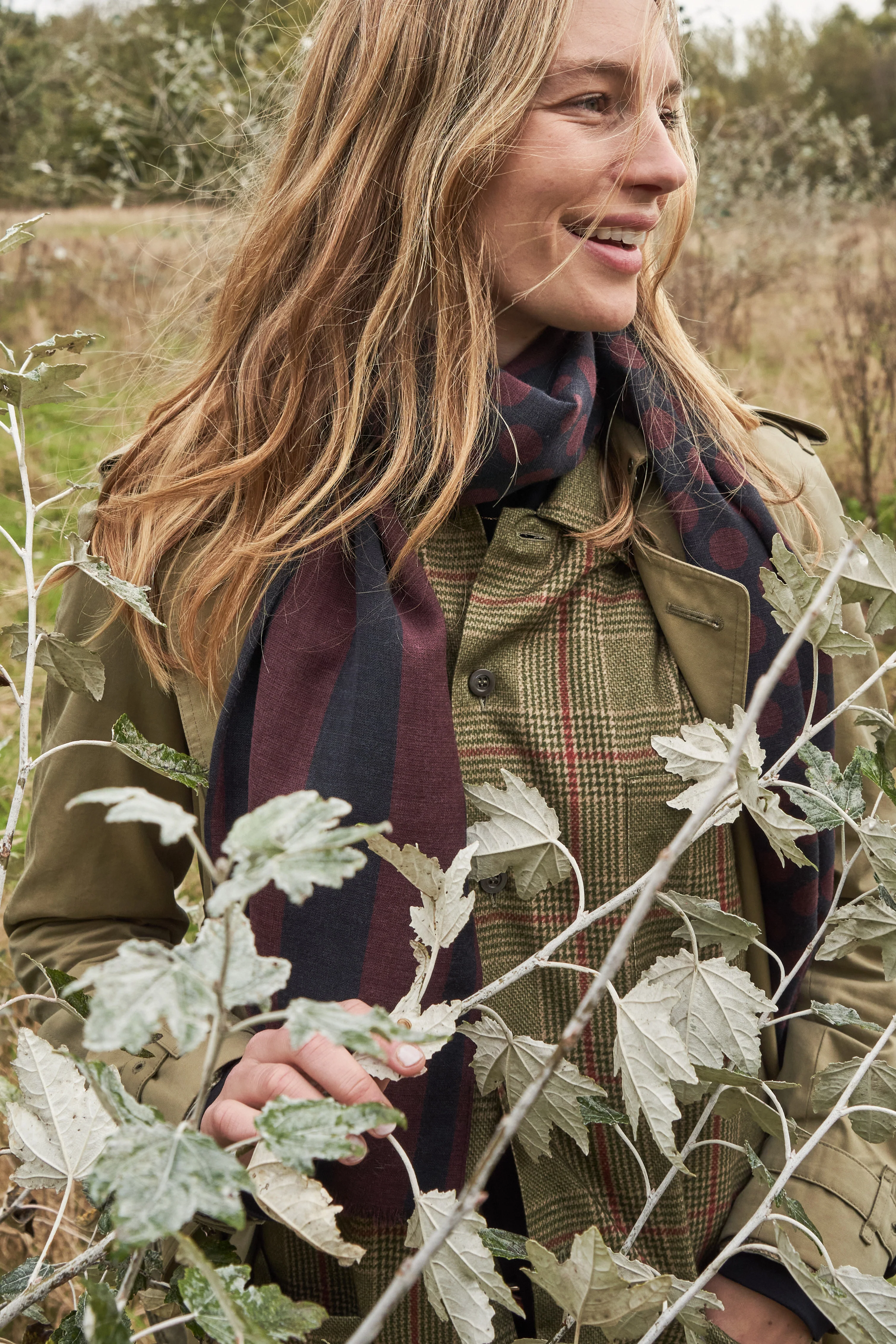 Recycled Double Faced Wool Burgundy Navy Spot Classic Scarf - Image 5